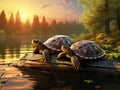 Two turtles on log in the sunlight Royalty Free Stock Photo