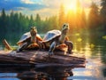 Two turtles on log in the sunlight Royalty Free Stock Photo