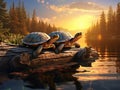 Two turtles on log in the sunlight Royalty Free Stock Photo