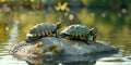 Two turtles resting on a rock in the water Royalty Free Stock Photo