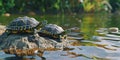 Two turtles sitting on a rock in calm water, a peaceful scene Royalty Free Stock Photo