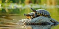 Two turtles sitting on a rock in the water Royalty Free Stock Photo