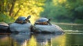 Two Turtles Sunbathing on Rocks by a River Royalty Free Stock Photo