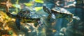 Two Turtles Swimming Together in Aquarium Royalty Free Stock Photo