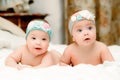 Two twin babies, girls in nice headbands Royalty Free Stock Photo