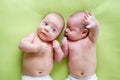 Two twins brothers babies lying on green Royalty Free Stock Photo