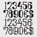 Two types of black numbers with dollar and euro symbols - full and hollow