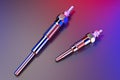Two types of glow plug on a multicolored background. 3d rendering Royalty Free Stock Photo
