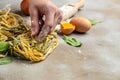 Two types of handmade italian tagliatelle pasta. Healthy food concept. place for text, top view