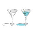 Two types martini glass. Drink element. Black white and color object. Wineglass beverage with olive on a skewer. Hand draw simple