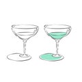 Two types vermouth glass. Drink element. Black white and color object. Wineglass beverage. Hand draw simple sketch. Isolated