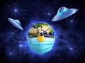 Two UFOs In Front Of The Locked Planet Earth Royalty Free Stock Photo
