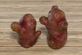 Two ugly potatoes on a wooden background. Funny vegetables look like unusual interlocutors. Closeup