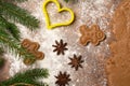 Two unbaked gingerbread man cookies, three star anise fruits, a cookie cutter, fir branches... Royalty Free Stock Photo