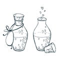 Two uncolor flasks with hearts icon in hand drawn style. Love elixir