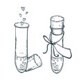 Two uncolor tube-tests with hearts icon in hand drawn style. Love elixir