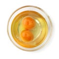 Two uncooked eggs in glass bowl