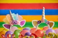 Two unicorn headbands in pile of balloons Royalty Free Stock Photo