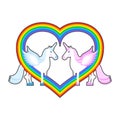 Two unicorn and rainbow heart. Symbol of LGBT community. Pink a