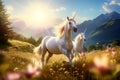 two unicorns running free in a flower covered Alpine meadow
