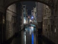 Two unidentifiable people of a bridge in Venice, Italy.