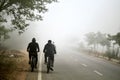 Cyclists on a foggy road in the early morning.