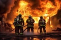 Two uniformed firefighters putting off pire, unrecogzinable people, . Generative AI