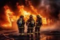 Two uniformed firefighters putting off pire, unrecogzinable people, . Generative AI