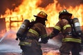 Two uniformed firefighters putting off pire, unrecogzinable people, . Generative AI