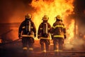 Two uniformed firefighters putting off pire, unrecogzinable people, . Generative AI