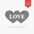 Two united hearts with word love, couple concept icon. Flat design gray color symbol. Modern UI web navigation, sign. Royalty Free Stock Photo