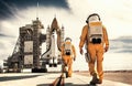 Two unrecognizable astronauts wearing yellow space suits walking to space shuttle on launch pad ready to take off Royalty Free Stock Photo