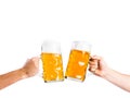 Two unrecognizable men clinking with beer mugs, studio shot Royalty Free Stock Photo