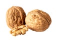 Two unshelled walnuts and walnut halve isolated on white