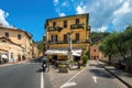 Two urban streets and small outdoor restaurant in Dolceacqua, Italy