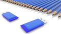 Two usb flash drives near row of blue pencils