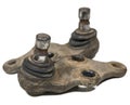 Two used rusty dysfunctional suspension ball joints, isolated on a white background