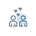 Two users exchanging likes. Finding match on dating app. Romantic relationships. Pixel perfect, editable stroke icon