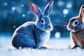CÂute rabbit winter in the snow, snowdrifts, fluffy snow. Falling snow, falling snowflakes