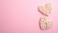 Two Valentine hearts on pink background with copy space. Symbols of love in shape of heart for Happy Valentine`s , Women`s, Moth Royalty Free Stock Photo