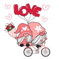 Two Valentine Romantic Gnome couple on pink love bicycle clip art Happy Love cartoon vector