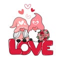 Two Valentine Romantic Gnome couple on red love letter clip art Happy Love cartoon vector