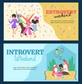 Two vector banners with leisure activity of extrovert and introvert people.