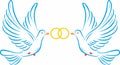 Two vector blue doves with wedding rings. Symbol of love and happiness.