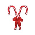 Two Vector 3d Realistic Christmas and New Year Candy Canes with Red Bow Closeup Isolated on White Background. Xmas Sweet Royalty Free Stock Photo