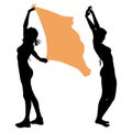 Two vector female silhouettes of a young girl in a swimsuit. The girl is holding a developing paro in her hands raised up.