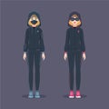 Two vector girl in dark sport costumes. Hacker and security lady pack. Characters for game, posters, infographic