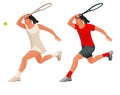 Two figures of an Uzbek tennis girls player in red and white sports uniform who runs with a racket held high and receives the ball Royalty Free Stock Photo