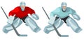 Two vector isolated figures of a hockey goalkeeper in uniform in different colors standing with a stick Royalty Free Stock Photo