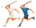 Two figures of a tennis player in casual and white sports uniform, who runs with a racket held high and receives the ball